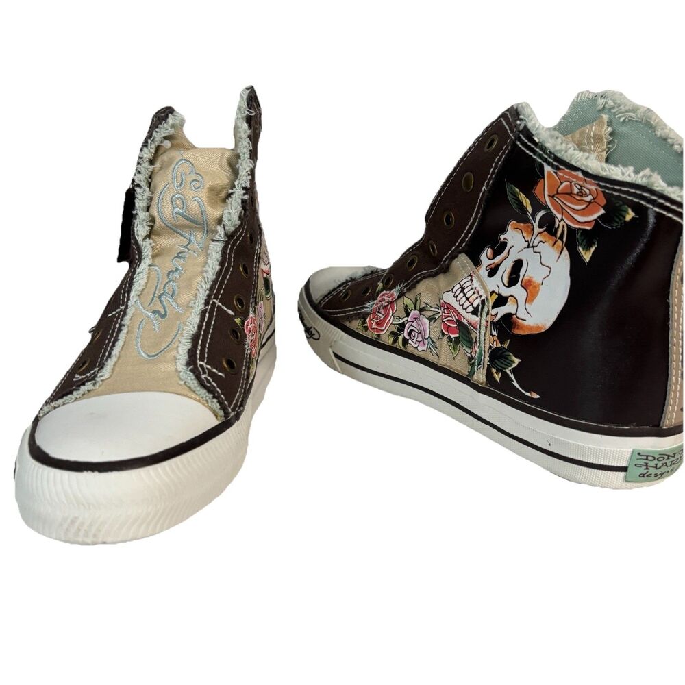 Ed Hardy Men High Top Shoes Sneakers Leather Vintage Y2K Skull Roses Size 11